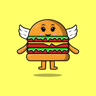 Modern tarz tasarım illüstrasyonunda kanat takan sevimli çizgi film Burger karakteri.