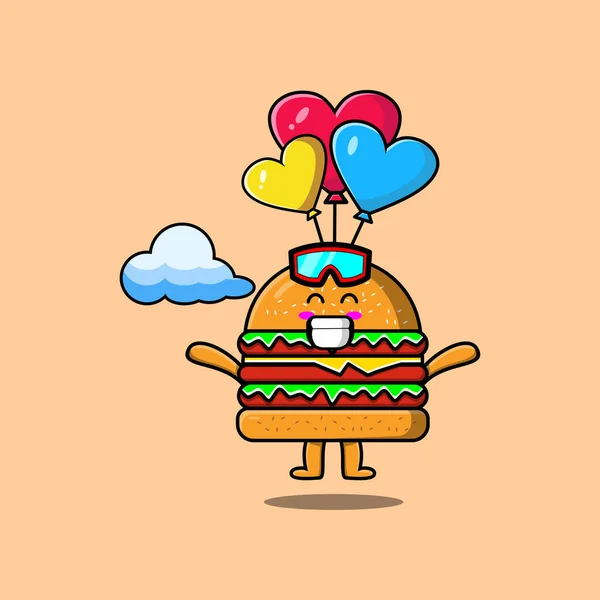 Bonito Desenho Animado Burger Mascote Pára Quedismo Com Balão Gesto — Vetor de Stock