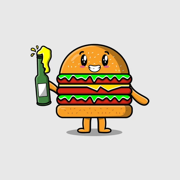 Personagem Desenho Animado Bonito Burger Com Garrafa Refrigerante Design Estilo — Vetor de Stock