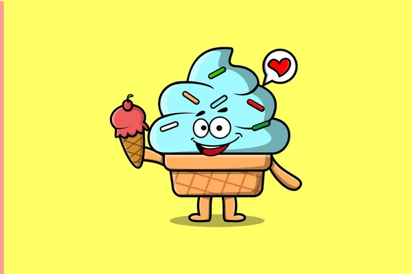 かわいい漫画アイスクリームキャラクターが現代的なかわいいスタイルのイラストでアイスクリームコーンを保持 — ストックベクタ