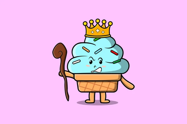 黄金の冠と木製の棒のイラストと賢明な王としてかわいい漫画アイスクリームマスコット — ストックベクタ