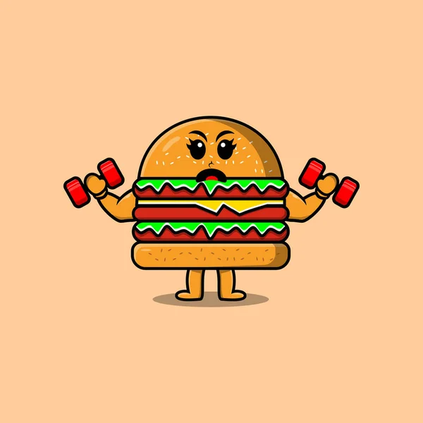 Tatlı Çizgi Film Burger Karakteri Modern Stil Tasarımında Halterli Fitness — Stok Vektör