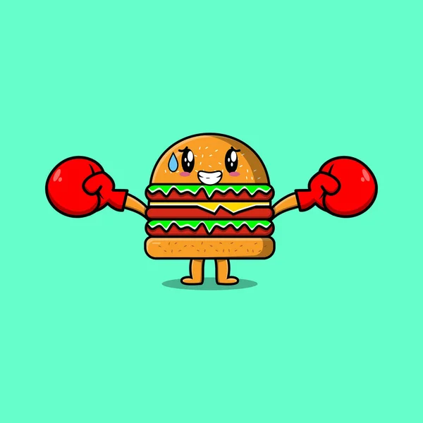 Bonito Burger Mascote Desenho Animado Jogando Esporte Com Luvas Boxe — Vetor de Stock