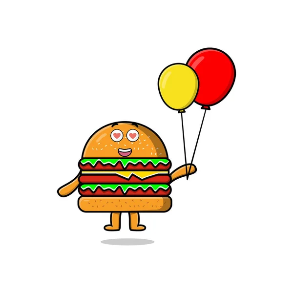 Söt Tecknad Burger Flytande Med Ballong Tecknad Vektor Illustration Koncept — Stock vektor