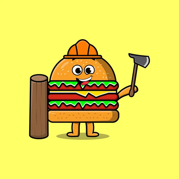 Desenhos Animados Bonitos Burger Como Personagem Carpinteiro Com Machado Madeira — Vetor de Stock