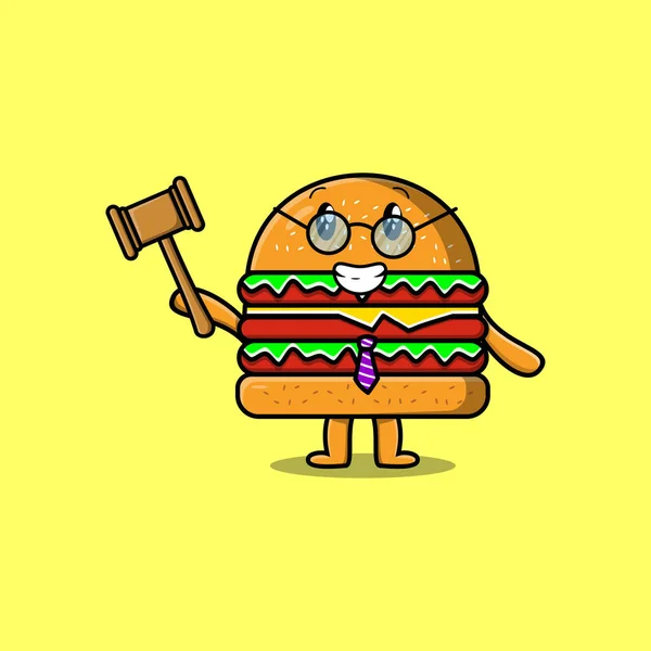 Tatlı Maskot Karakteri Yargıç Burger Gözlük Takıyor Elinde Çekiç Tutuyor — Stok Vektör