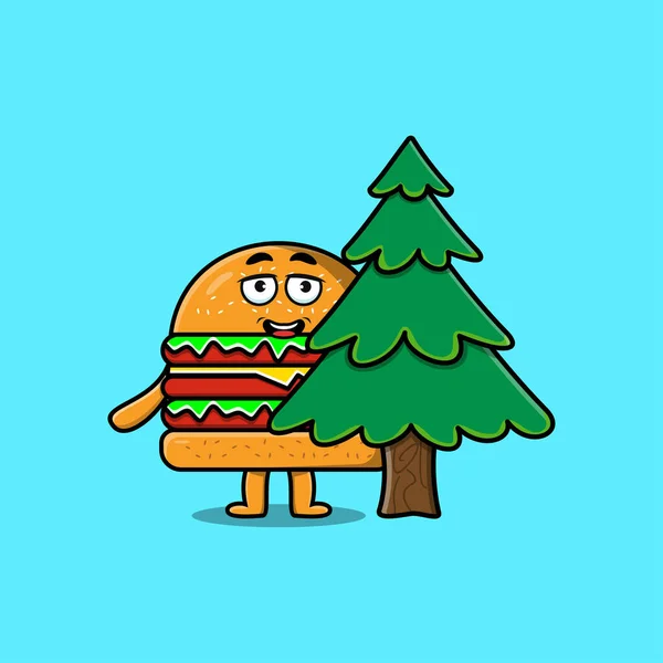 Desenhos Animados Bonitos Burger Personagem Escondendo Árvore Design Moderno Plano — Vetor de Stock