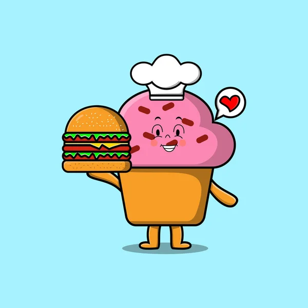 Cute Cartoon Cupcake Chef Character Holding Burger Flat Cartoon Style — Stock Vector