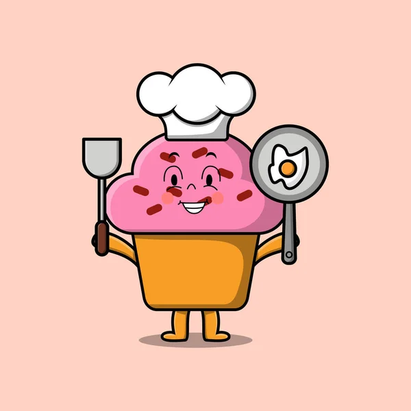Cute Cartoon Cupcake Chef Character Holding Pan Spatula Flat Cartoon — Stock Vector
