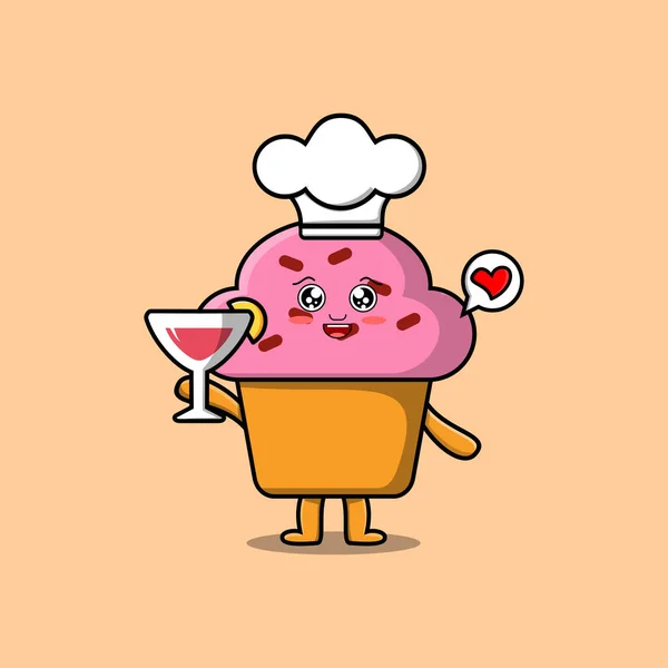 Χαριτωμένο Καρτούν Cupcake Σεφ Χαρακτήρα Που Κατέχουν Κρασί Γυαλί Επίπεδη — Διανυσματικό Αρχείο
