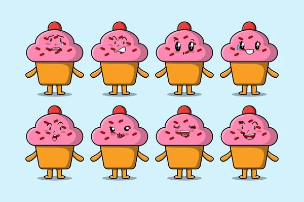Set Kawaii Cupcake Personaggio Dei Cartoni Animati Con Diverse Espressioni — Vettoriale Stock