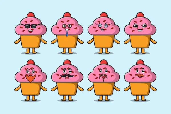 Set Kawaii Cupcake Personaggio Dei Cartoni Animati Con Diverse Espressioni — Vettoriale Stock
