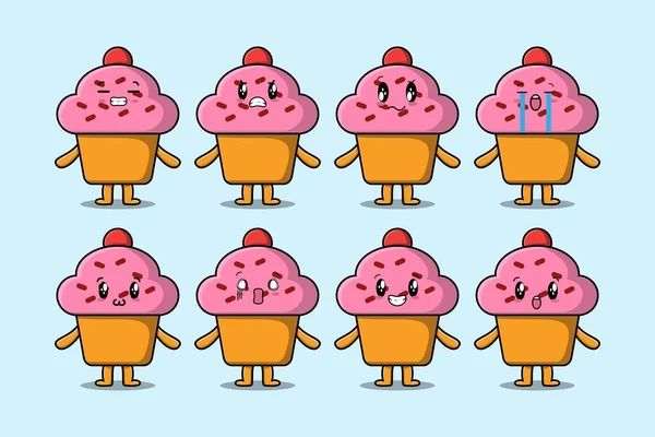 Set Kawaii Cupcake Personaje Dibujos Animados Con Diferentes Expresiones Ilustraciones — Archivo Imágenes Vectoriales