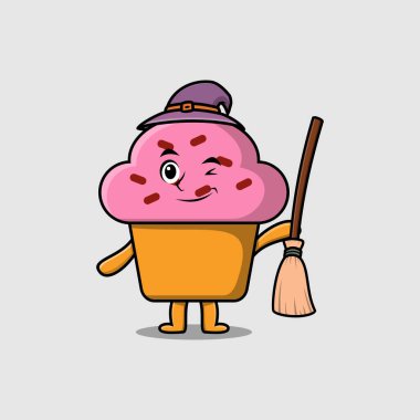 Tatlı çizgi film cadısı şapkası ve süpürgesi olan Cupcake karakteri.