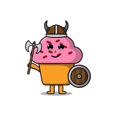 Sevimli çizgi film karakteri Cupcake Viking korsanı. Şapkası, çekici ve kalkanı var.