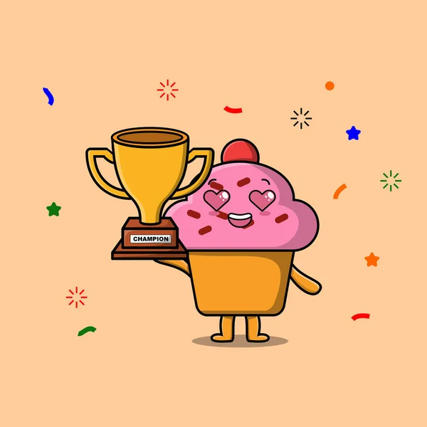 Carino Personaggio Dei Cartoni Animati Illustrazione Cupcake Sta Reggendo Trofeo — Vettoriale Stock