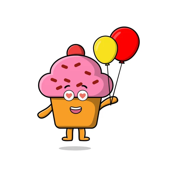 Nette Cartoon Cupcake Schwimmend Mit Ballon Cartoon Vektor Illustration Konzept — Stockvektor