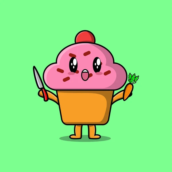 Lindo Personaje Dibujos Animados Cupcake Sosteniendo Cuchillo Zanahoria Diseño Estilo — Vector de stock