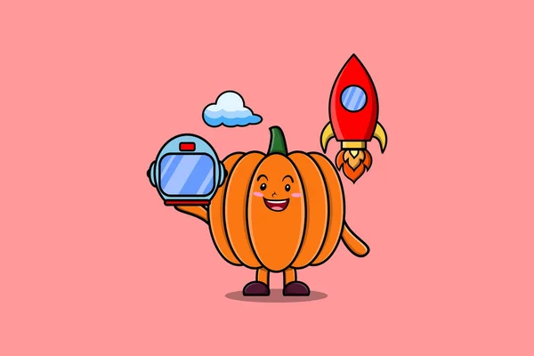 Mignon Personnage Dessin Animé Mascotte Citrouille Comme Astronaute Avec Fusée — Image vectorielle