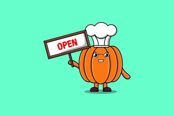 Cute Cartoon Pumpkin Character Holding Open Sign Board Designs Concept — Stock Vector
