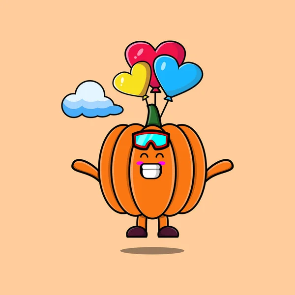 Leuke Cartoon Pompoen Mascotte Parachutespringen Met Ballon Gelukkig Gebaar Leuke — Stockvector