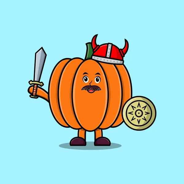 Cute Postać Kreskówek Pumpkin Viking Pirat Kapeluszem Trzymając Miecz Tarcza — Wektor stockowy