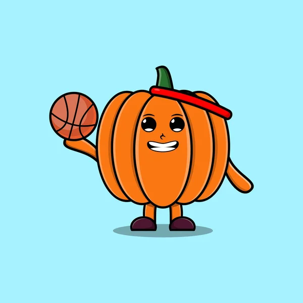 Lindo Personaje Calabaza Dibujos Animados Jugando Baloncesto Ilustración Plana Diseño — Vector de stock