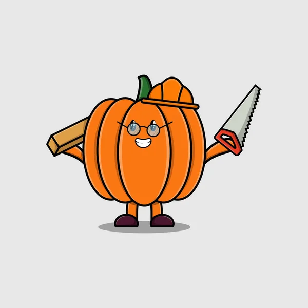 Cute Cartoon Pumpkin Jako Stolarz Charakter Piłą Drewna Płaskim Nowoczesnym — Wektor stockowy