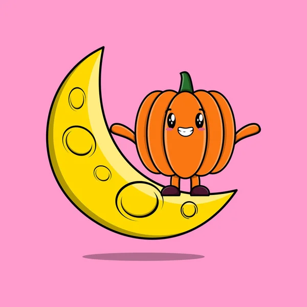 Cute Cartoon Pumpkin Postać Stojąca Półksiężycu Nowoczesny Projekt Ilustracji — Wektor stockowy