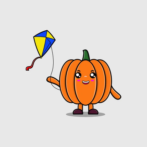 Lindo Personaje Calabaza Dibujos Animados Jugando Cometa Desollar Ilustración Icono — Archivo Imágenes Vectoriales