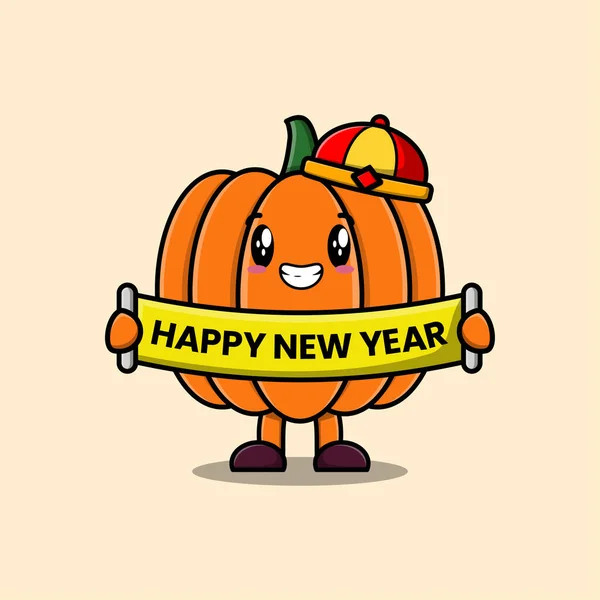 Roztomilý Karikatura Dýně Čínský Znak Držení Šťastný Nový Rok Palubě — Stockový vektor