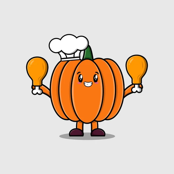 Cute Cartoon Pumpkin Chef Postać Gospodarstwa Dwa Uda Kurczaka Płaskim — Wektor stockowy