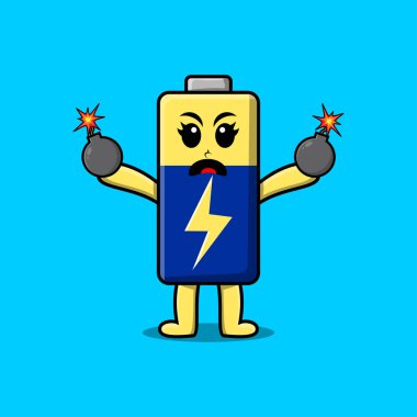 Sevimli çizgi film Bataryası, içinde korku ifadesi olan düz modern stil tasarımı olan bir bomba taşıyor.