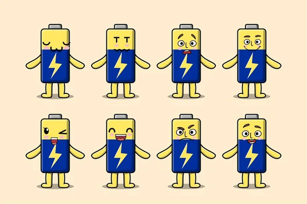 Set Kawaii Batterij Cartoon Karakter Met Verschillende Uitdrukkingen Cartoon Gezicht — Stockvector