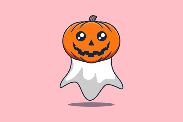 Nettes Maskottchen Zeichentrickfigur Scary Geist Kürbis Halloween Illustration — Stockvektor