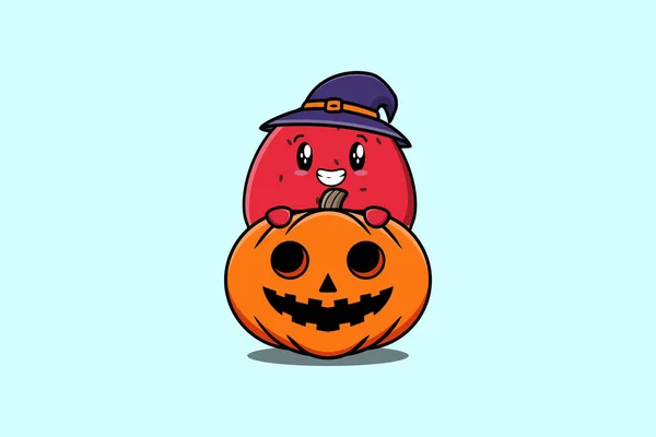 Söt Tecknad Illustration Vattenmelon Karaktär Gömmer Sig Skrämmande Pumpa Halloween — Stock vektor
