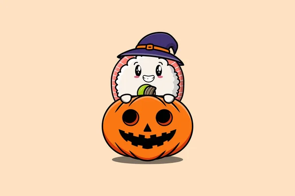 Cute Cartoon Illustration Sushi Roll Sashimi Character Hiding Scary Pumpkin — Stock Vector