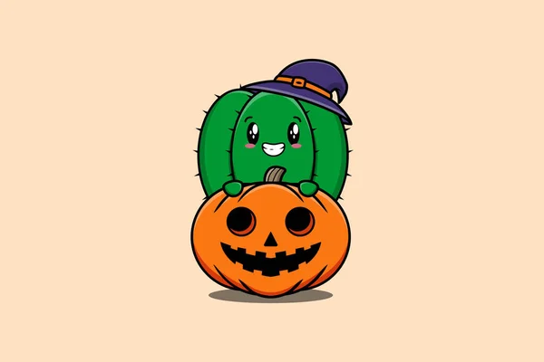 Cute Cartoon Illustration Cactus Character Hiding Scary Pumpkin Halloween — Stock Vector