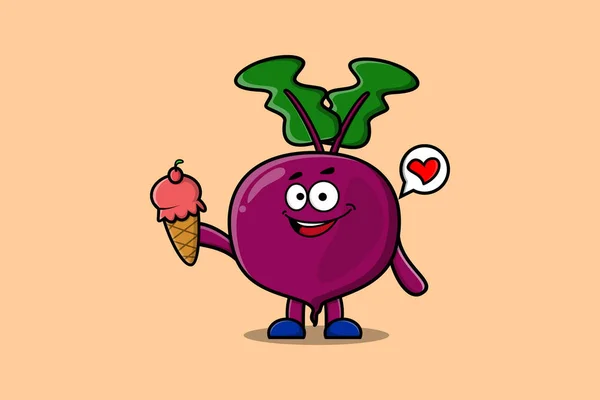 Cute Cartoon Beetroot Character Holding Ice Cream Cone Modern Cute — Stock Vector