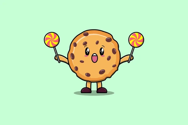 Bonito Desenho Animado Biscoitos Personagem Segurando Pirulito Doce Desenho Animado — Vetor de Stock