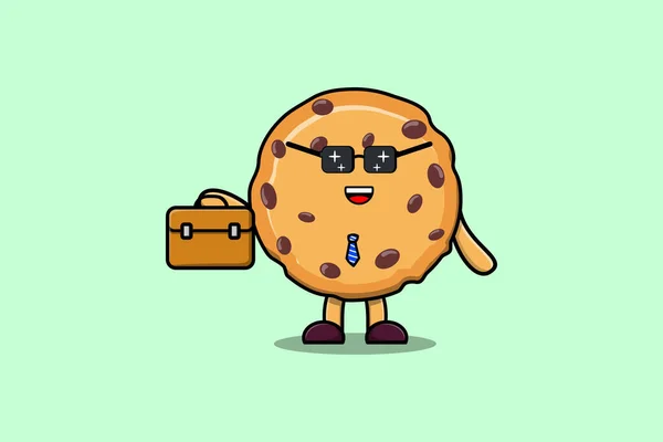 Leuke Cartoon Biscuits Zakenman Karakter Holding Koffer Illustratie — Stockvector