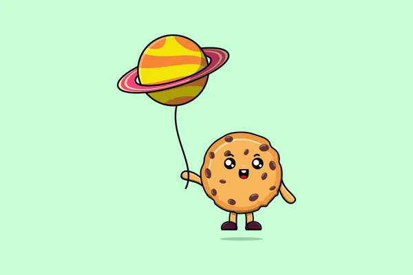Cute Cartoon Biscuits Floating Planet Balloon Cartoon Vector Illustration — Stock Vector