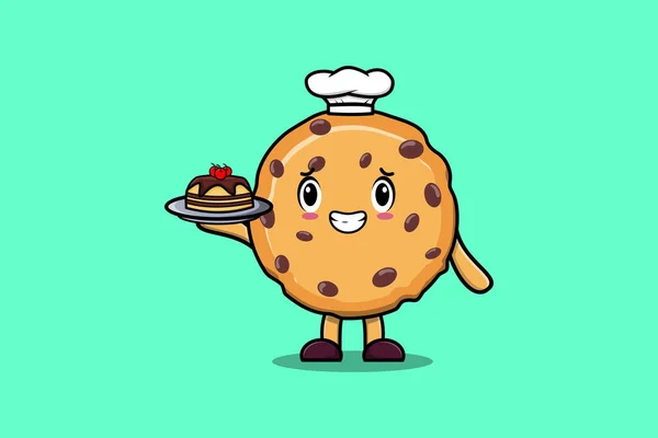 Bonito Chef Desenhos Animados Biscoitos Personagem Que Serve Bolo Bandeja Gráficos De Vetores