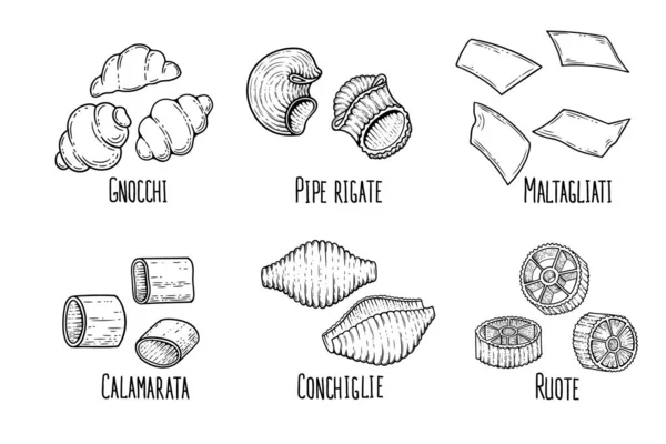 面食设置草图 涂鸦轮廓黑白复古风格通心粉插图 — 图库矢量图片