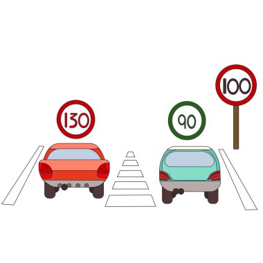 Karikatür tasarım tarzında otoyolda güvenli hız sınırı, izole edilmiş beyaz arka planda aşırı hız yapan arabalar, baskılar, kartpostallar, kitapçıklar, sosyal medya, uygulamalar ve web siteleri için ikonlar.