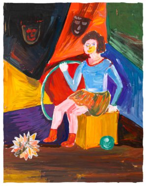 Heykelin üzerinde oturan bir sirk oyuncusunun Gouache çizimi. Jimnastik üniformalı bir aktris. Tam boy portre. Arka planda bir perde ve maskeler var. Kağıt üzerinde. Resim yapmak..