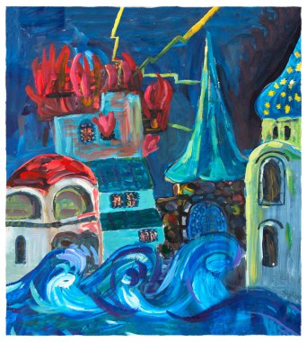Antik bir şehirde yıldırımlarla dolu bir tufan manzarası. Binalar, kule, katedral, dalgalar, yangın. Peri masalı. Büyük vuruşlar. Kağıt üzerinde. Resim yapmak..