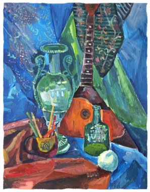 Gouache hala Asya 'dan gelen nesnelerin yaşamı. Uzun bir vazo, bir dombra (balalayka), bir şişe, fırçalı bir kupa, desenli bir örtü. Mavi-yeşil-kahverengi tonlar. Büyük boya darbeleri. Kağıt üzerinde