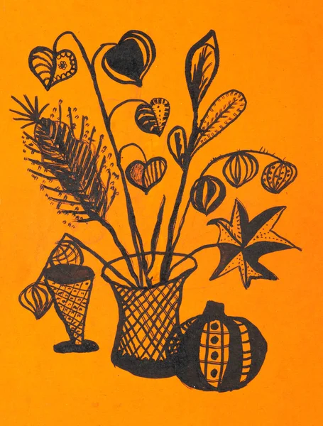 Růžová Kresba Stylizované Zátiší Vázy Květinami Granátovým Jablkem Komínem Oranžovém — Stock fotografie