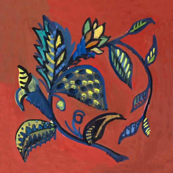 Gouache Zeichnung Einer Blauen Blume Und Einem Rotbraunen Hintergrund Blüte lizenzfreie Stockbilder